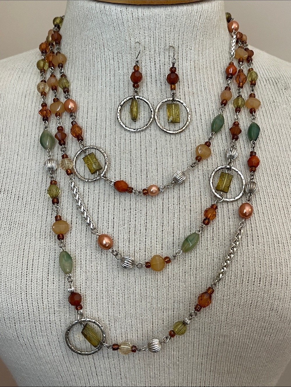 Vintage Style Earth-toned Multi-Strand Beaded Necklace with Earrings - Bohemian - Picture 8 of 15
